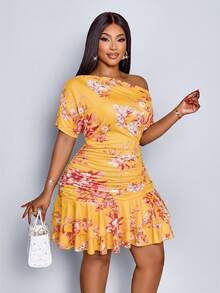 Elegant Mini Dress For Parties And Daytime Events, Featuring An Asymmetrical Neckline, Long Sleeves, Gathered Details, And A Double Ruffle, Made Of Apricot-Colored Knit Fabric For Women. - 黃色 - 查看 6