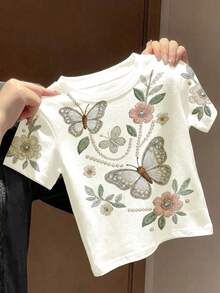 SHEIN 压花T恤、波西米亚野花衬衫、植物衬衫、复古植物T恤、粉彩花卉自然衬衫、园艺爱好者礼物、休闲风、婴幼儿印花上衣、女婴休闲短袖上衣、可爱夏季服装、夏季儿童单品、夏季外出单品、韩式风格、舒适休闲、时尚童装、Y2K风、卡哇伊风、派对装、日常装、度假装、可爱、舒适、2026夏季、田园风、周末休闲装、家庭出游装、摄影服装 - 白色 - 查看 4