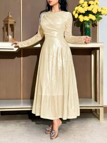 Modelyn Women's Yellow Pearl Decor Round Neck Long Sleeve Mid-Length Dress ,Spring Dresses For Women,Elegant Dress - Gold - View 6