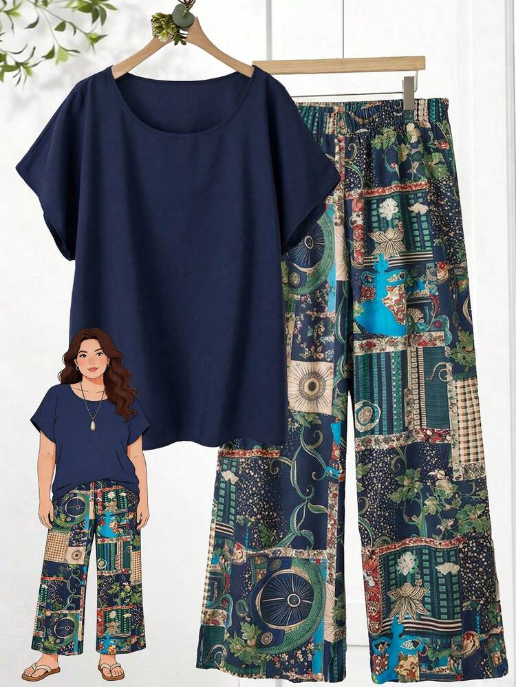 Plus Size Women's Solid Color Round Neck Short Sleeve Shirt And Floral Print Wide Leg Pants 2-Piece Set Zanzea Terno Pants And Blouse Two Piece Set