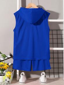SHEIN Setelan 2 Potong untuk Anak Laki-Laki Usia Remaja: Hoodie dan Celana Pendek dengan Motif Huruf Longgar - Royal Blue - View 2