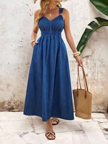 EMERY ROSE Women's Fashion Metal Shell Decor Pocket Versatile Denim Dress For Vacation - Blue - View 1
