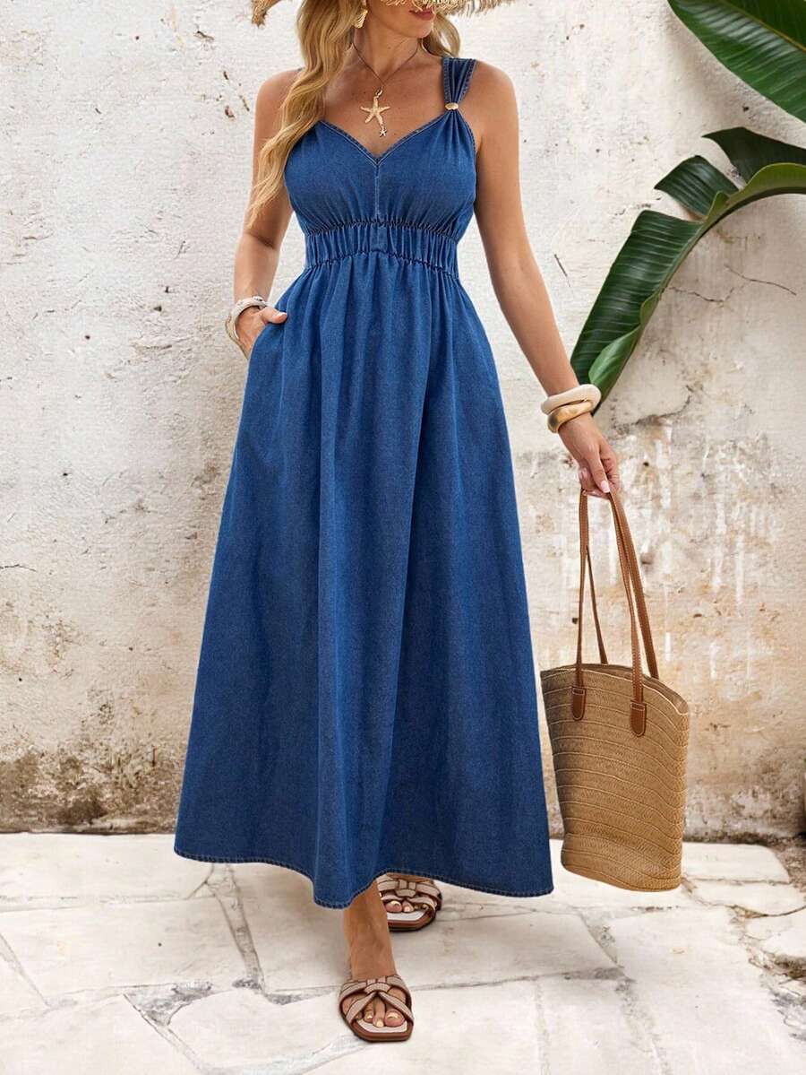 EMERY ROSE Women's Fashion Metal Shell Decor Pocket Versatile Denim Dress For Vacation - Blue - View 1