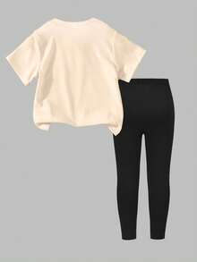 SHEIN Bộ đồ 2 mảnh thời trang thường ngày mùa xuân hè, sáng tạo, in hình mặt mèo dễ thương, trái tim và nơ, gồm áo thun và quần legging, thoải mái cho bé gái mặc hàng ngày, phù hợp cho mùa xuân, hè và thu. - Nhiều màu - Xem 2