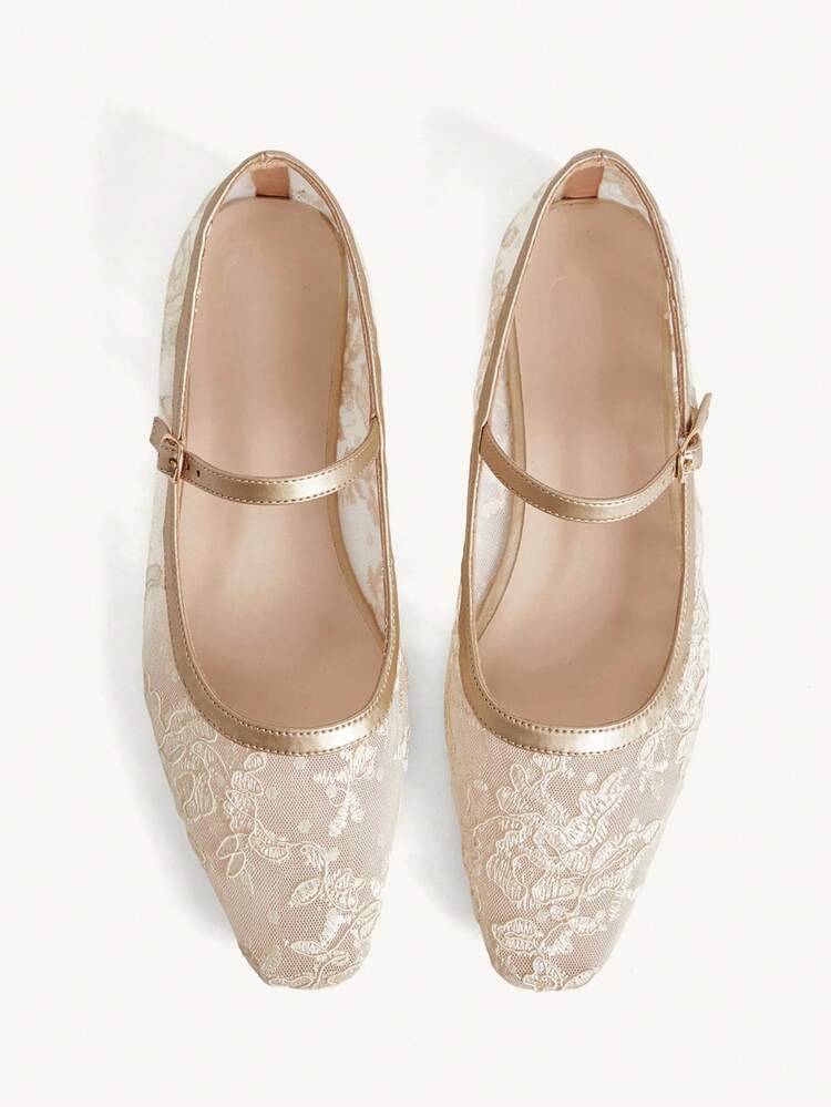 CUCCOO CHICEST Women Shoes Small Square Toe Flat Bottom Gold Lace Mesh Breathable Women's Low Vamp Flat Sole Shoes Light, Comfortable And Simple Commuting Daily Versatile Mary Jane Women Flat Sole Shoes