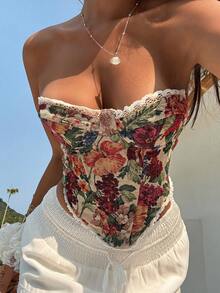 DAZY Top bustier con estampado floral, patchwork de encaje y lazo delantero, top tubo y halter para mujer, outfit de vacaciones de verano - Multicolor - Ver 6