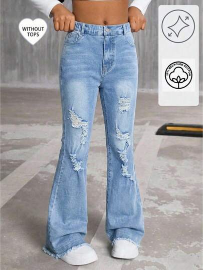SHEIN Quần jeans ống loe cho bé gái, phong cách đường phố cổ điển Y2K, màu xanh denim nhạt, mài rách bạc màu, chất liệu denim cotton co giãn thoải mái, ống loe, đa năng, phù hợp với áo thun, áo hoodie, đi chơi thường ngày, đi học, đi làm, dự tiệc, mùa hè. Hàng mới về