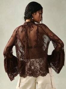 SoleilVie Top elegante de mujer con cuello mandarín y mangas raglán - Café integral - Ver 2