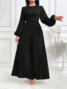Modelyn 女士优雅交叉裹身系带灯笼袖褶边端庄长袖阿拉伯连衣裙，纯色长款晚礼服 - 黑色 - 查看 7