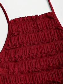 Sweetra Women's Light Yellow Pleated Spaghetti Strap Lace Maxi Dress, Romantic Sexy Resort Style, Spring/Summer - Burgundy - View 3
