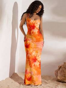 女士浪漫性感春夏波西米亚优雅复古橙色芙蓉花露背连衣裙 - 非常适合音乐节、海滩度假、春假、热带岛屿婚礼、周年纪念日等场合 - 彩色 - 查看 3