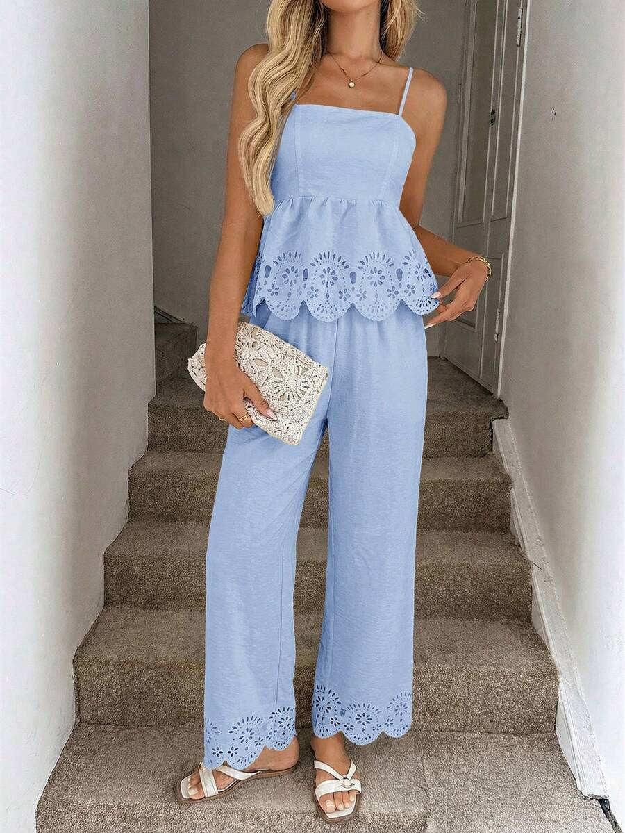 SHEIN LUNE Ensemble 2 pièces Top sans manches et pantalon imprimé tie-dye décontracté pour femmes, convient pour les vacances d'été, les déplacements et le port quotidien - Bleu ciel - Voir 1