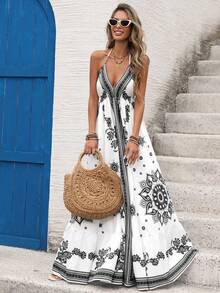 SHEIN Holidaya Vestido Azul e Branco com Estampa de Totem de Resort Tropical Halterneck Finas e Costas Abertas, Primavera/Verão - Preto e Branco - Visão 8