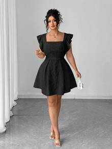 Elenzga Elegant Jacquard Frill Trim Dress In Light Yellow - Black - View 4