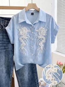GlowEve CURVE Women Plus Size Sky Blue Elegant Summer Shirt,Pearl 3D Floral Collar Button-Up Casual Short Sleeve Top,Tea Party Fashionable Pearl Decor Pattern - Blue - View 5