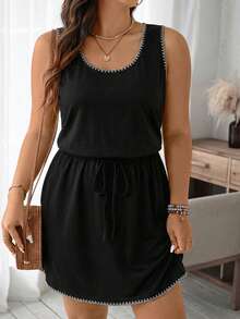 EMERY ROSE Vestido de verano casual de talla grande para mujer con detalles de pespunte en contraste, sin mangas y con cintura anudada, para vacaciones y uso diario - Multicolor - Ver 5
