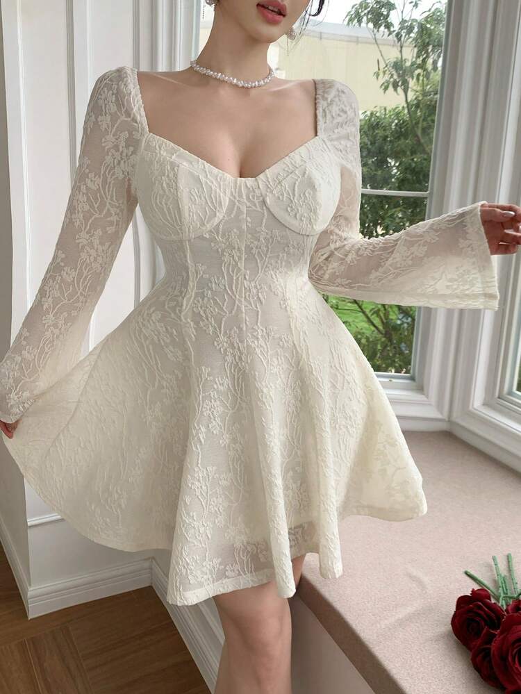 Spring & Summer White Textured Lace-Like Tie-Up Casual Sweet Girl Dress, Suitable For Valentine's Day, Wedding, Party, Formal Occasion, Fashion Event, A-Line Short Dress, Long Sleeve, Elegant Commuter Dress For Women Sun Dresses For Women