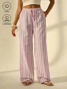 SHEIN Tall Women's Holiday Casual Striped Wide Leg Pants Pink Striped Pants, Tall Women - Multicolor - View 8