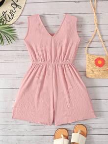 SHEIN Tween Girls Summer Squishy Pink Sleeveless Jumpsuit, Loose Casual Everyday Versatile Streetwear - Pink - View 2