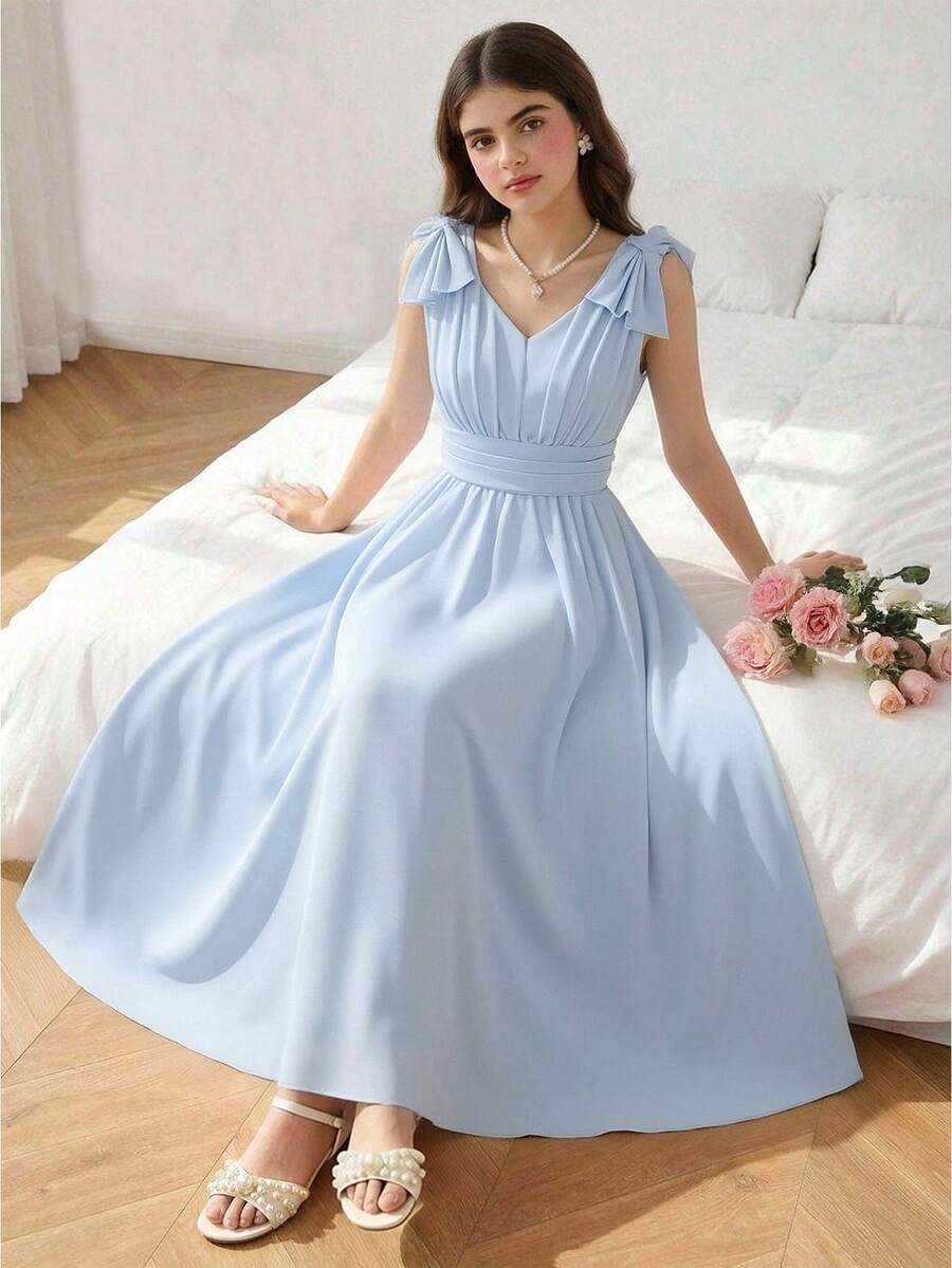 Teen Girl Baby Blue Summer Elegant Party Dress,Solid Color Shoulder Bow Decor Sleeveless V-Neck Pleated Ruffle Sleeve Flare Dress,Light Blue Dress - Baby Blue - View 1