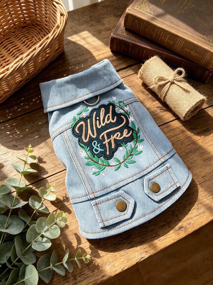 PETSIN 一件猫狗通用服装，刺绣休闲宠物背心带防滑环，蓝色波西米亚风小型犬外套 - 藍色 - 查看 1