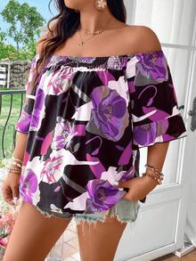 Vionelle Blus Off-Shoulder Motif Bunga Ukuran Plus - Purple - View 3