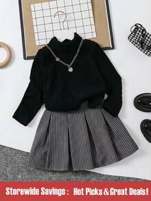 SHEIN 年轻女孩 2 件套休闲百搭时尚高领罗纹黑色长袖短款上衣和灰色罗纹迷你百褶裙，适合秋季、冬季、休闲、日常穿着、派对、家庭聚会、学校、生日礼物、野餐、姐妹装、度假 - 彩色 - 查看 1