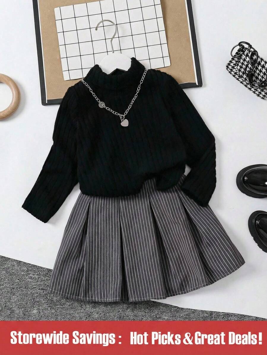 SHEIN 年轻女孩 2 件套休闲百搭时尚高领罗纹黑色长袖短款上衣和灰色罗纹迷你百褶裙,适合秋季、冬季、休闲、日常穿着、派对、家庭聚会、学校、生日礼物、野餐、姐妹装、度假 - 彩色 - 查看 1