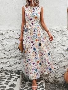 Ellevyn Vacation Casual Floral Print Cinched Waist Sleeveless Dress - Multicolor - View 5