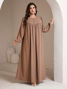 Veilorie Women Plus Size Elegant Solid Color Pleated Loose Buttoned Decorated Dress Fall - Coffee Brown - View 8