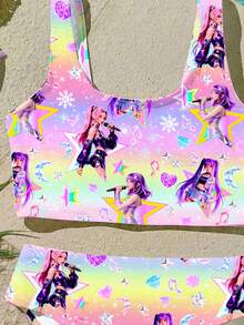 SHEIN Young Girl Cartoon Print Tankini Swimsuit Set, Suitable For Summer Vacation - Multicolor - View 5