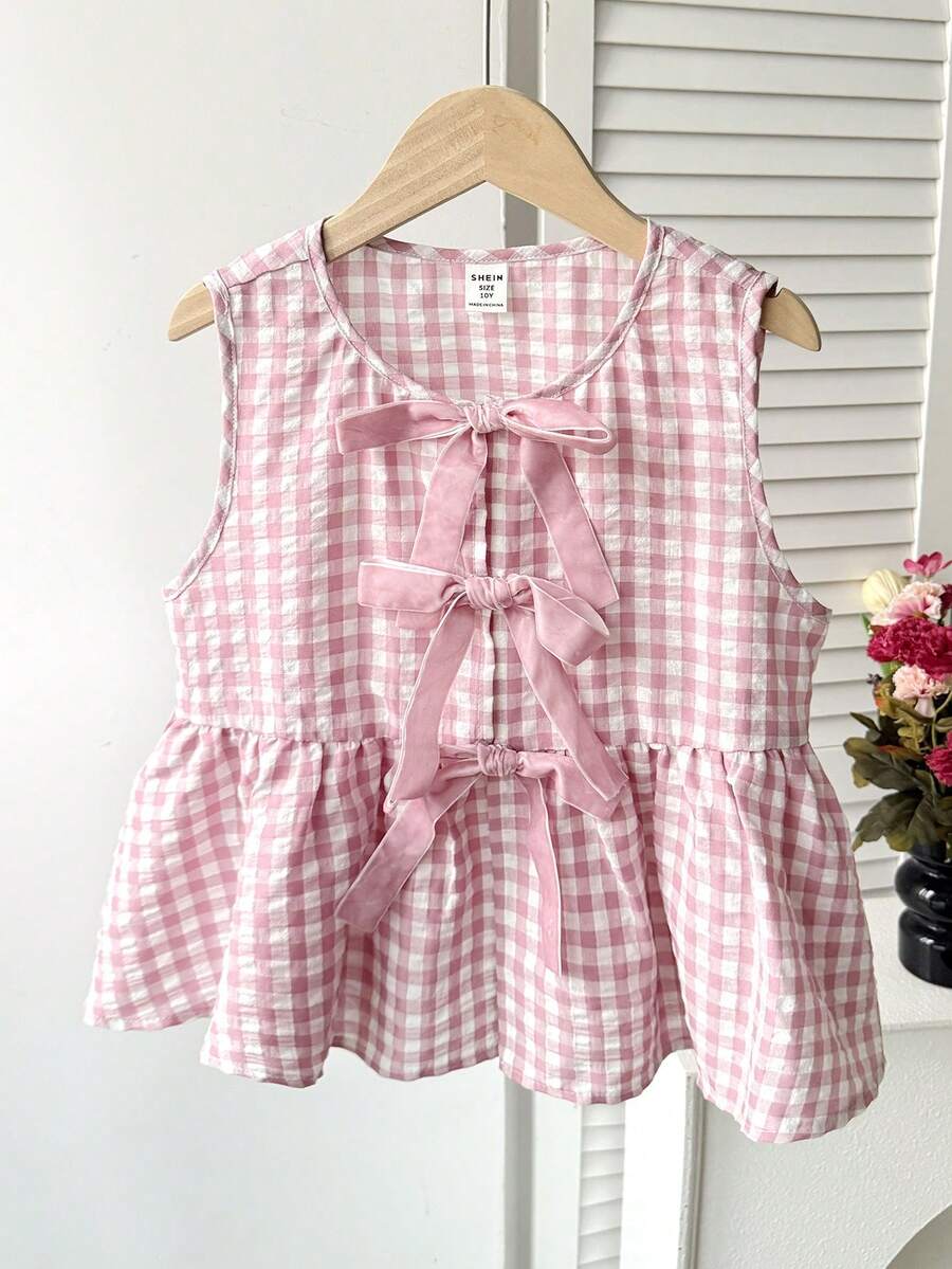 Tween Girls' Casual Floral Print Tie Front Peplum Tank Top, Summer - Pink - View 1