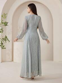 Veilorie Đầm dài tay in họa tiết thanh lịch kiểu Ả Rập dành cho nữ. - Màu xanh lam - Xem 3