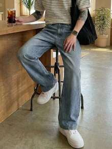DAZY Quần jeans nam ống đứng dài màu xanh dương bạc màu kiểu vintage - Màu xanh lam - Xem 6