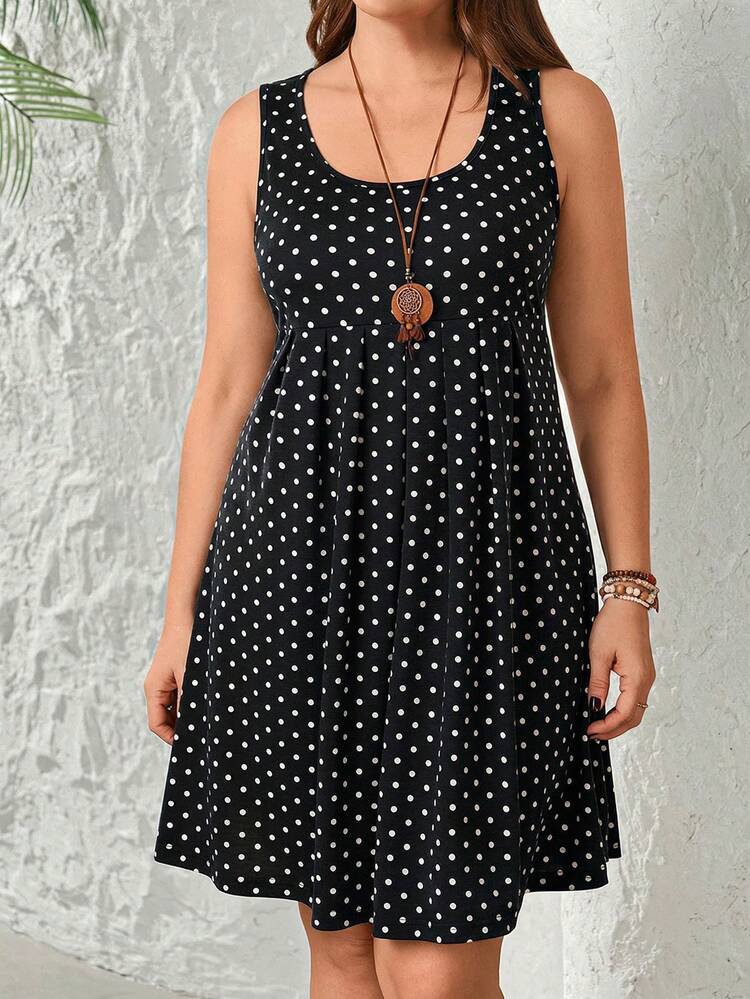 Plus Size Women's Summer Casual Vacation Country Sleeveless Black Polka Dot Dress, Spring/Summer,Summer\Vacation,Summer Holiday,Spring Break Outfits ,Vacation Outfits Women ,Holiday Outfits For Women,Going Out Outfits,New Clothes,Simple And Fashionable For Everyday Wear,Suitable For Summer, Vacation, Daily Wear,Suitable For Summer, Vacation, Daily Wear,Dresses For Women,Flowy Dress ,Beach Outfits For Women,Casual Vacation Boho Dress, Polka Dot Dresses For Woman, Casual Sundress, Women Vacation Dress