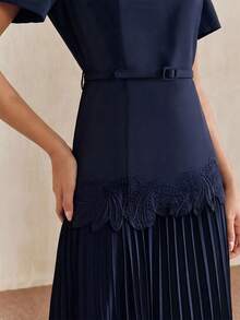 Anewsta New Elegant Round Neck Short Sleeve Dress With Pleated Hem Design, Navy Blue, Comes With A Matching Belt - Navy Blue - View 1
