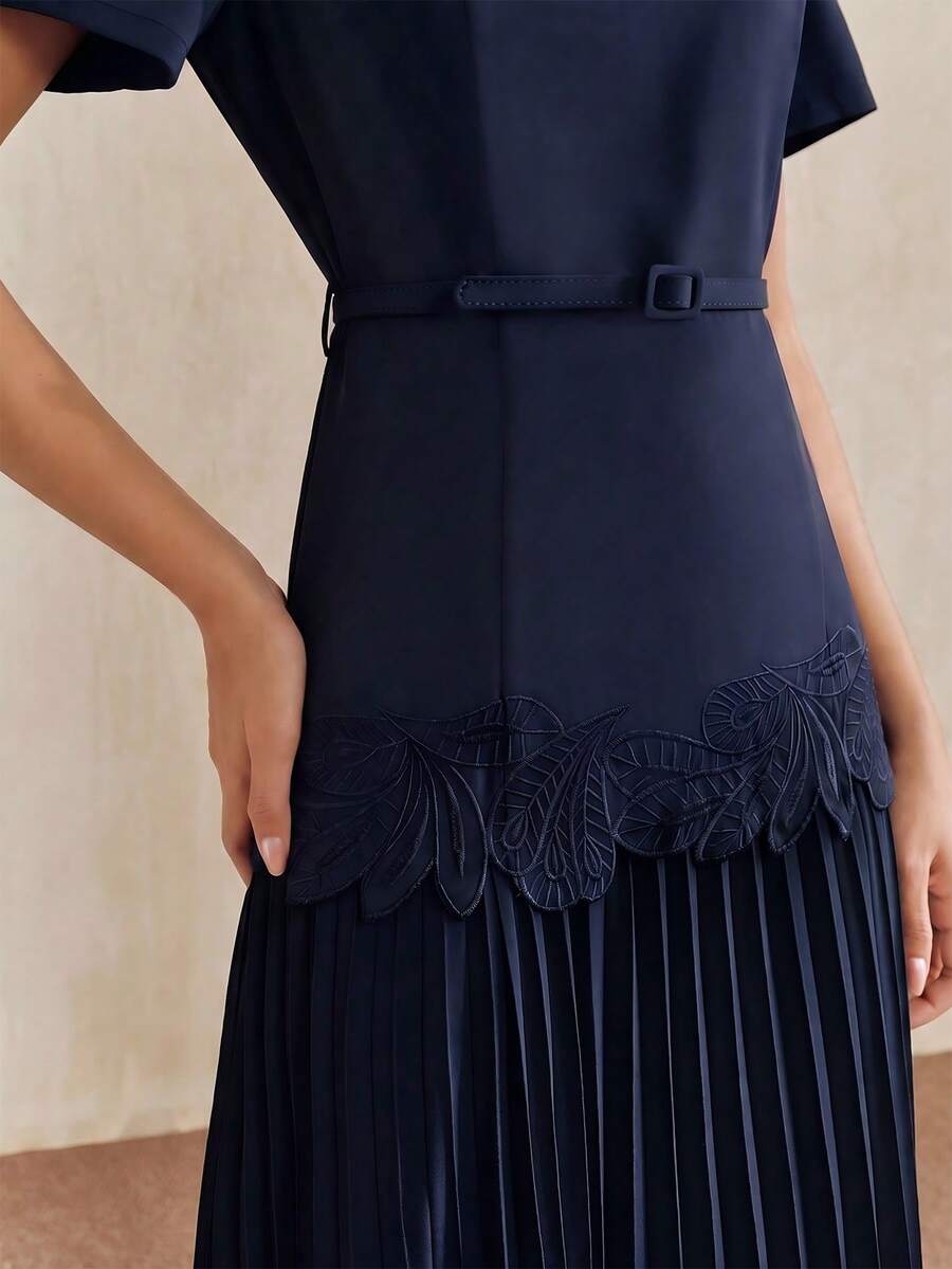 Anewsta New Elegant Round Neck Short Sleeve Dress With Pleated Hem Design, Navy Blue, Comes With A Matching Belt - Navy Blue - View 1