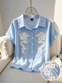GlowEve CURVE Women Plus Size Sky Blue Elegant Summer Shirt,Pearl 3D Floral Collar Button-Up Casual Short Sleeve Top,Tea Party Fashionable Pearl Decor Pattern - Blue - View 3