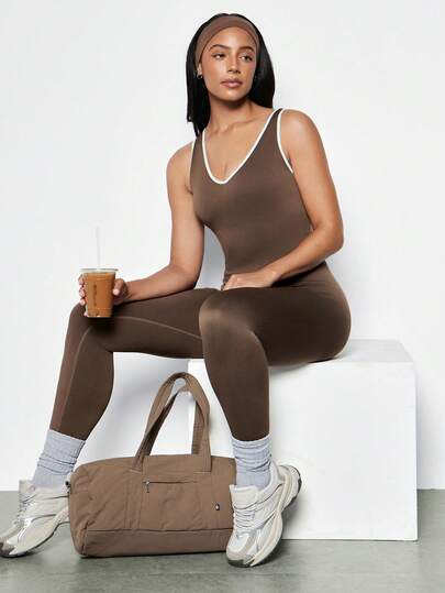 Freevana 1pc Moisture-Wicking Basic Plus Size Women Sports Contrast Trim Deep V Jumpsuit / A-2015 Seamless Jumpsuit Pants, Suitable For Fitness/Yoga (Brown)