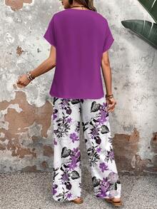 Faunlyn 2pcs/Set Women Casual Round Neck Top And Loose Pants, Versatile Outfit Suitable For Spring And Autumn - Purple - View 2