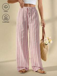 SHEIN Tall Women's Holiday Casual Striped Wide Leg Pants Pink Striped Pants, Tall Women - Multicolor - View 5