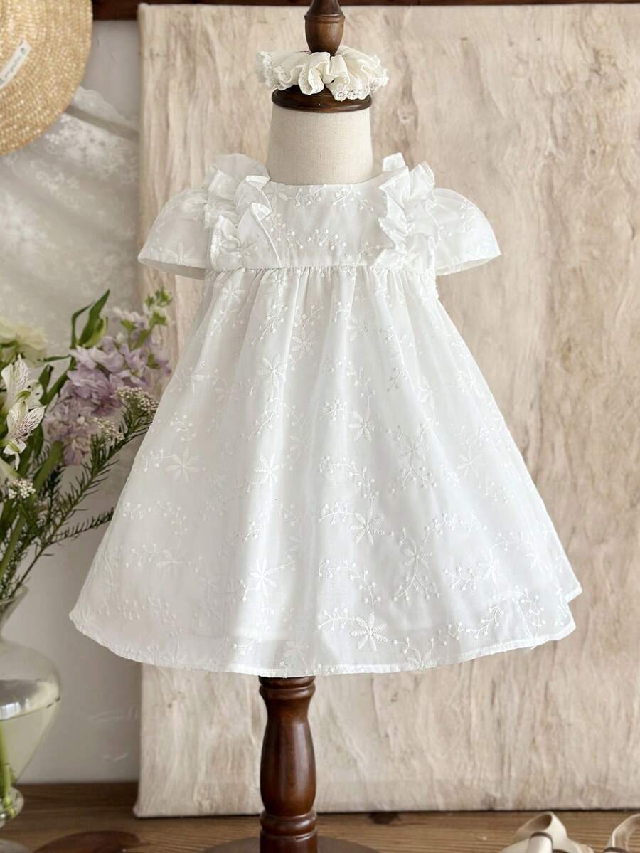 LMoss Kids Babygirl Summer Cute Solid Color Embroidered Ruffle Hem Sleeveless Dress - White - View 1