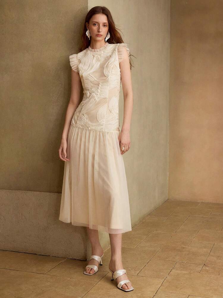SUMMER FASHIONABLE ROMANTIC ELEGANT PATCHWORK WAVY TEXTURE FABRIC RUFFLE SLEEVE WOMEN DRESS