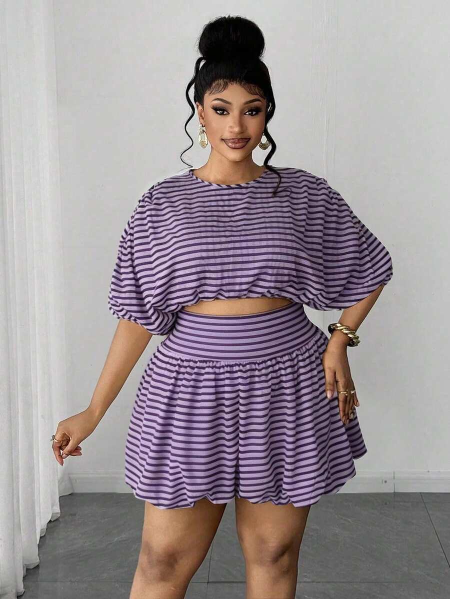 Maweii Plus Size Women's Vintage Party & Holiday Short Sleeve Top And Ruffle Mini Skirt 2-Piece Set - Purple - View 1