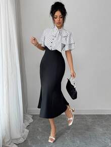 Rafferiza 女款優雅黑白波點拼接洋裝，夏季辦公修身顯瘦蝴蝶結領貼身魚尾裙，法式風曲線穿搭 - 黑色 - 查看 6