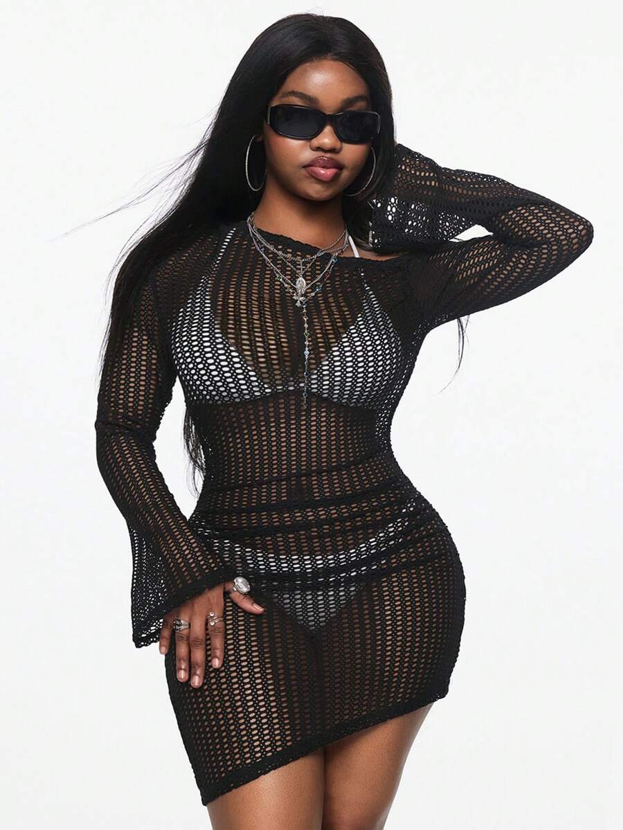 Vadaroq 女士夏季热带度假休闲装西部风派对Y2K透气网眼罗纹针织弹力舒适纹理透视黑色迷你连衣裙 - 黑色 - 查看 1