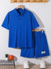 SHEIN 儿童两件套青少年男童宽松纯色翻领短袖polo衫和短裤套装，休闲装，适合通勤、上学、日常、运动，适合春夏季节穿着，日常穿着、运动、郊游、上学、聚会、节日、拍照等场合。男童两件套，男童polo衫和短裤，男童休闲套装，蓝色 - 寶藍色 - 查看 3
