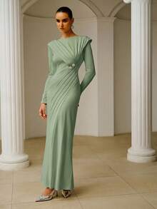 ZEYLAH Vestido de manga larga con hombros descubiertos y estructura de volantes asimétricos, para primavera/verano - Verde - Ver 4