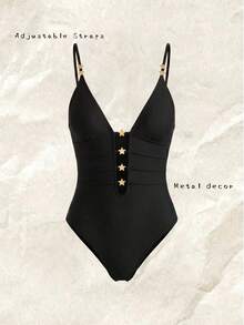 Swim Chiccia Elegante traje de baño de una pieza con tirantes finos y unicolor para mujeres - Negro - Ver 8