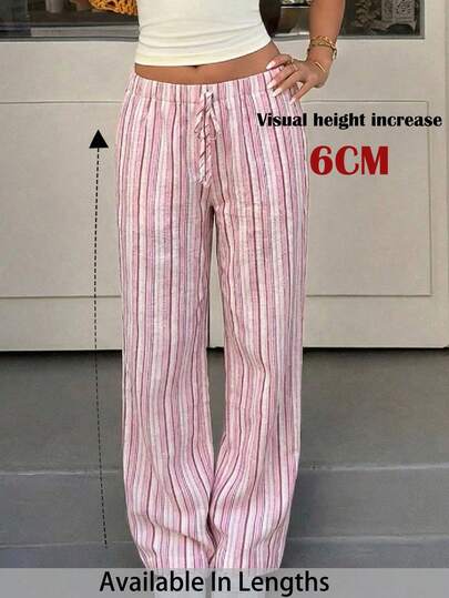 SHEIN PETITE CURVE Plus Size Women Holiday Casual Wide Leg Pink Striped Pants,Suitable For Daily Dressing, Vacation, Outdoor Activities, School, Graduation, Gatherings, Commuting, Office, Picnic, Beach, Summer , Summer Outfit For Women , Festival Outfits For Women , Beach Outfit For Women , Holiday Outfits For Women, Vacation Outfits For Women , Office Wear For Women , Pink Pants For Women
